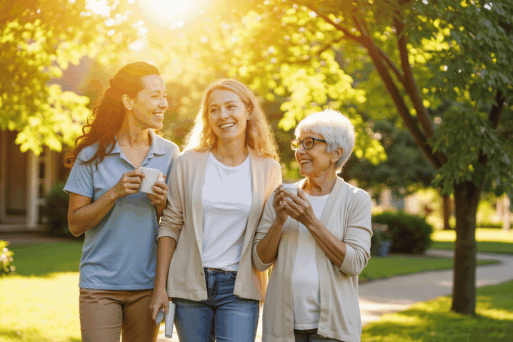 Caregiver, family member, and senior woman walking together outdoors on a bright day, reflecting the friendship, trust, and support of senior companion care at home.