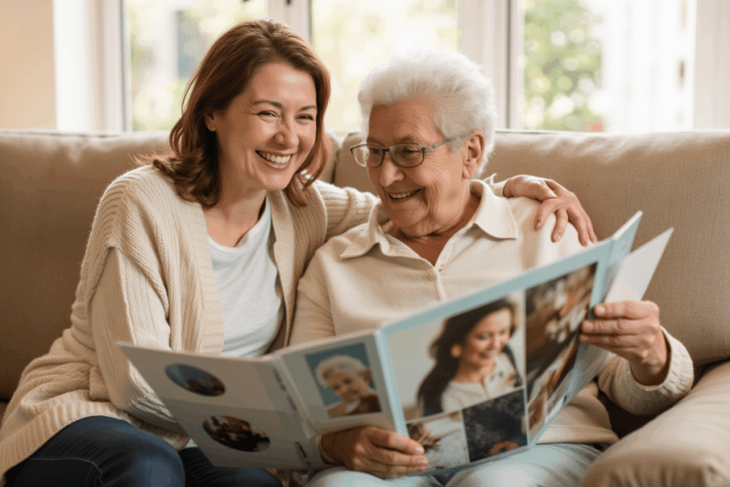 Caregiver enjoying coffee with senior man in a sunlit kitchen, reflecting calm conversation and emotional support through dementia care at home.