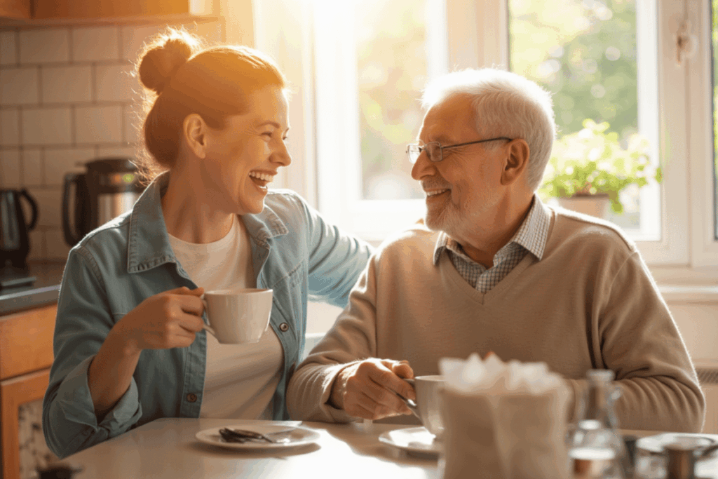 Caregiver and senior woman walking arm in arm through a garden, illustrating trust, connection, and care for seniors with dementia in a peaceful setting.