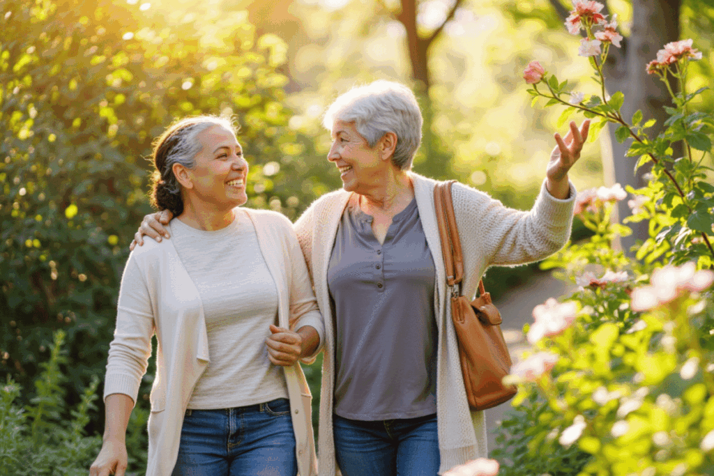 Two smiling senior women walking together outdoors, representing friendship, safety, and confidence through elderly dementia care services.