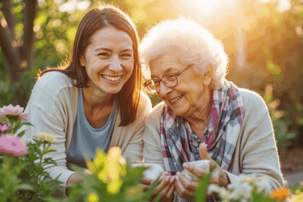 Caregiver and senior woman smiling together in a garden, representing friendship, dignity, and support through in-home personal care services.