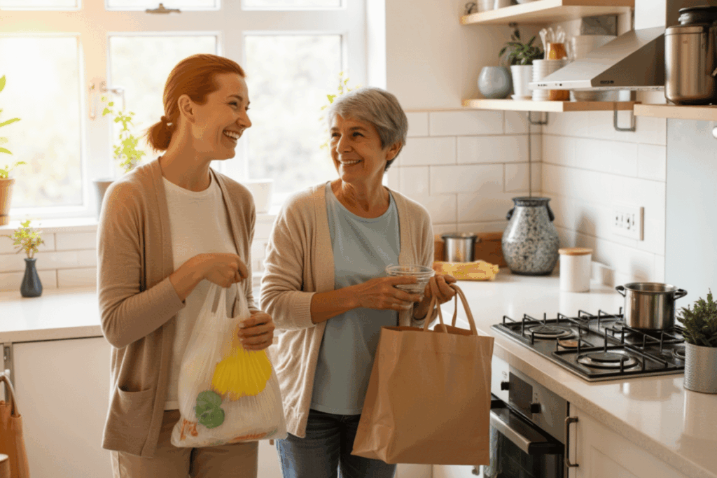 Caregiver helping an older woman carry groceries into the kitchen, showing independence and comfort provided by personal home care.
