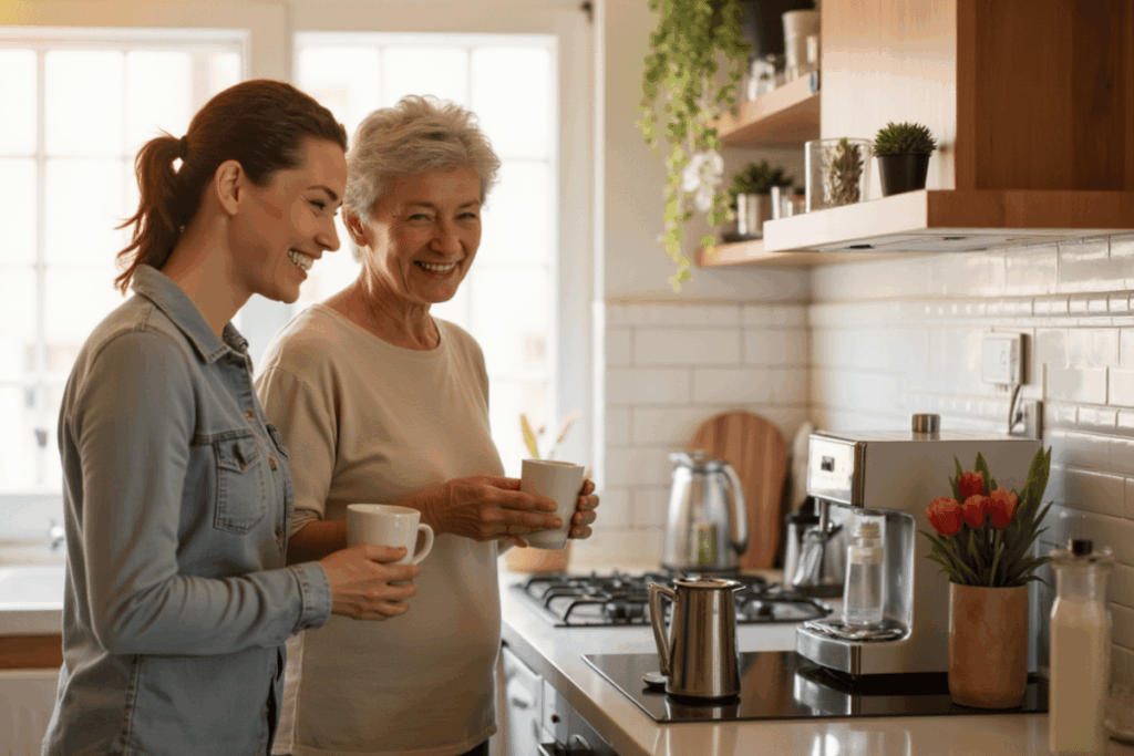 Caregiver and senior woman enjoying a relaxed morning coffee together in a bright kitchen, symbolizing connection and compassion through at home personal care.