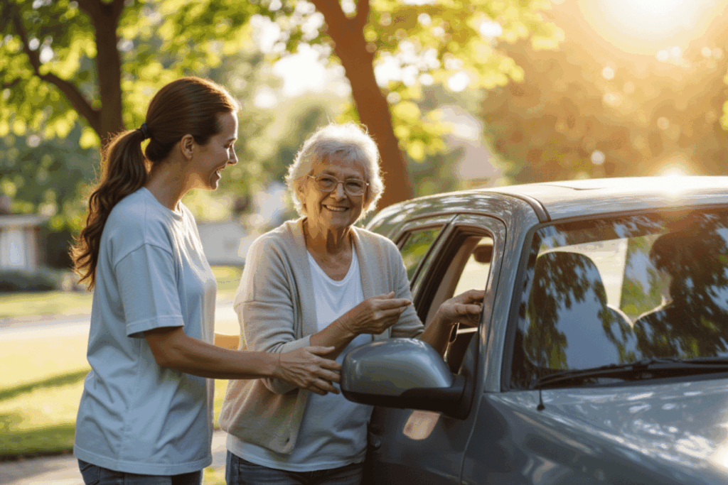 Caregiver assisting an elderly woman getting into a car, reflecting safety, confidence, and support through in home personal care.