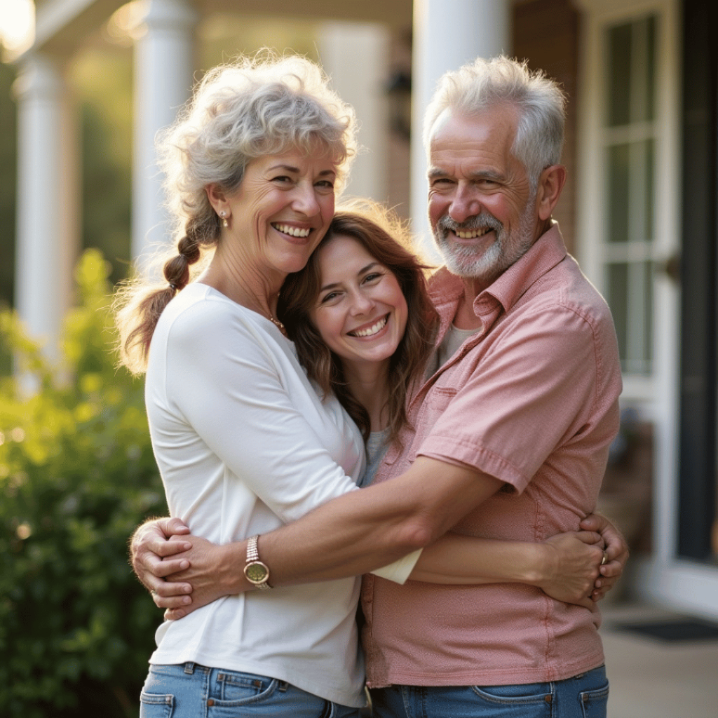 Mature man and his adult daughter sharing a warm embrace outdoors, reflecting family support and the benefits of non-medical home care