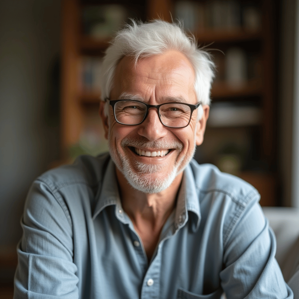 Confident older man with glasses smiling at home, representing independence and well-being through in-home senior care