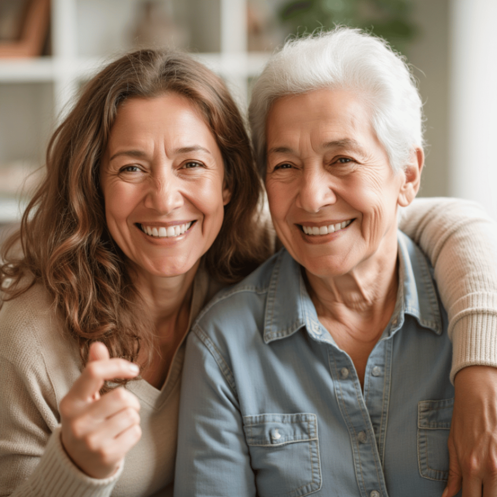 Happy middle-aged woman embracing her elderly mother in a cozy living room, symbolizing the comfort of companion care