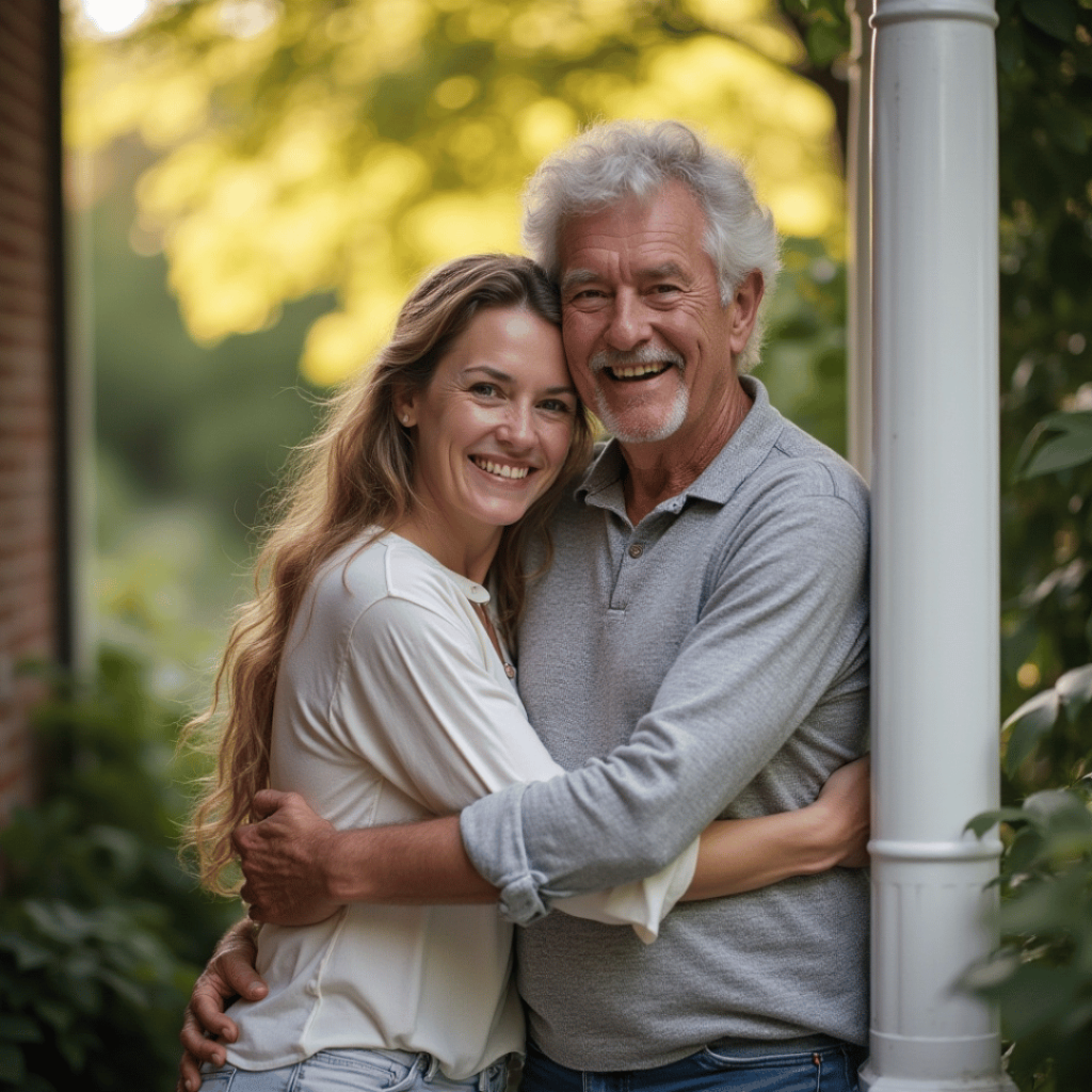 Adult daughter hugging her smiling senior parents outside their home, showing love and trust in home care support