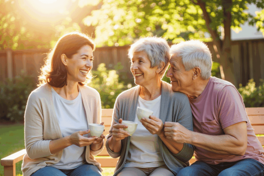 Caregiver and senior man smiling together outdoors at sunset, representing connection, trust, and renewal through senior respite care.