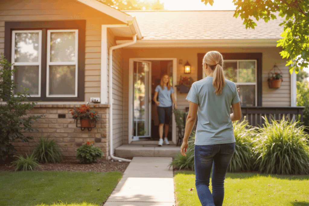 Professional caregiver walking up the front path toward a home where another caregiver waits at the door, symbolizing smooth transitions and teamwork in in home respite care.