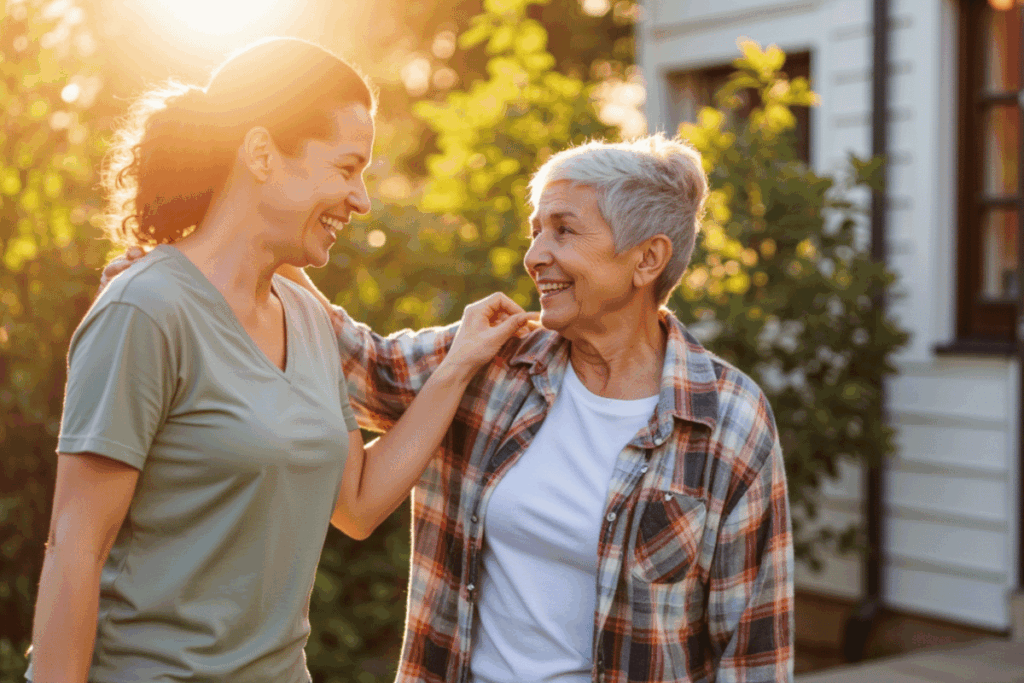 Caregiver and senior woman smiling warmly outside a home, showing trust, relief, and companionship through respite care for elderly loved ones.