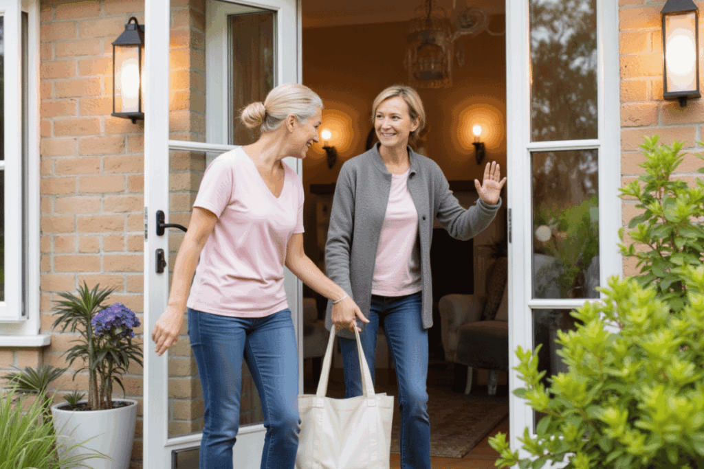 Two caregivers exchanging a friendly wave as one leaves for the day, capturing reliability and continuity in home respite care services.